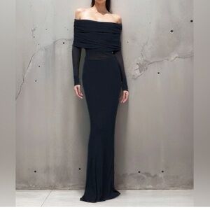 Overfold Off-Shoulder Mesh Long Sleeve
Long Dress